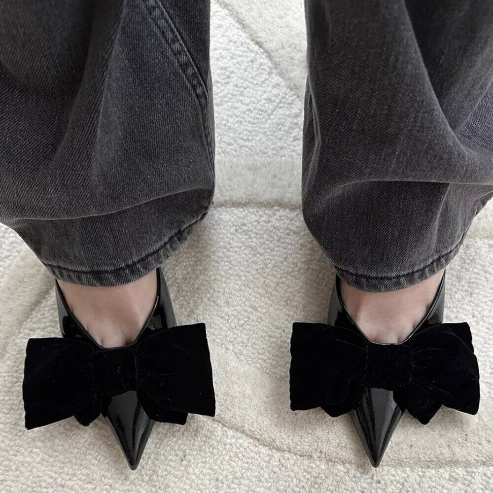 Zara Black Patent Bow Mule Heels NWT Pointed Toe Kitten Heel Slip On Size 6.5 - Picture 7 of 16